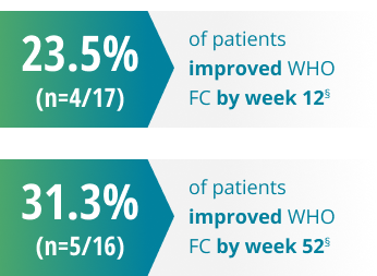23.5% (n=4/17) of patients improved WHO FC by week 12. 31.3 (n=5/16) of patients improved WHO FC by week 52.