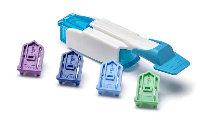 TYVASO DPI inhaler and 4 cartridges with different dosage amounts